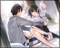  1boy 1girl absurdres arms_up bare_legs bed black_hair blush border bow braid breasts brown_eyes closed_mouth commentary_request curtains green_eyes grey_jacket hair_bow highres hitotsuba_kaede jacket kakao_(chocolate_land) legs long_hair medium_breasts morning novel_illustration official_art on_bed open_mouth outstretched_arms pants plaid plaid_pants ryoushin_no_shakkin school_uniform second-party_source shiny_skin short_hair sitting sleepwear smile socks striped_clothes teeth thighs transparent_border underboob undressing_another white_bow white_socks yoshizumi_yuya 