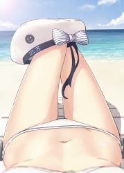 10s 1girl beach bikini blue_sky blurry bow clothes_writing cloud commentary day depth_of_field female_pov hat head_out_of_frame horizon kantai_collection lying military_hat navel ocean outdoors peaked_cap pov sailor_hat sand sky solo striped striped_bow suke_(momijigari) swimsuit thigh_gap water white_bikini white_hat z3_max_schultz_(kancolle) rating:Sensitive score:46 user:danbooru
