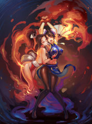  2girls armpits arms_up bdsm bondage bound bound_wrists grabbing_another&#039;s_breast breasts brown_hair bun_cover cameltoe capcom capcom_vs_snk chinese_clothes chun-li crossover double_bun covered_erect_nipples closed_eyes hand_fan fatal_fury fire folding_fan grabbing hair_ribbon large_breasts long_hair midriff multiple_girls navel ninja no_shoes one_eye_closed open_mouth pantyhose ponytail restrained ribbon shiranui_mai sideboob smile snk street_fighter tears the_king_of_fighters toes torn_clothes xiao_qiang_(1985) yuri 