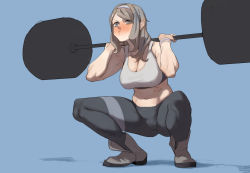 1girl blush breasts cleavage exercising full_body girls&#039;_frontline hairband hong_doo large_breasts midriff navel pants pout solo squatting weightlifting yoga_pants rating:Sensitive score:76 user:danbooru