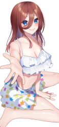 1girl bare_shoulders barefoot bikini bikini_skirt blue_eyes breasts brown_hair cleavage collarbone frilled_bikini frills from_above go-toubun_no_hanayome hair_between_eyes hair_over_one_eye happy highres kurosaki_coco large_breasts long_hair looking_at_viewer midriff nakano_miku outstretched_arm outstretched_hand patterned reaching reaching_towards_viewer sidelocks sitting smile swimsuit thighs wariza white_bikini rating:Sensitive score:9 user:Cancerouscrab
