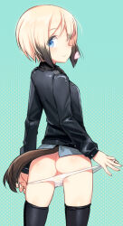  1girl animal_ears ass black_thighhighs blonde_hair blue_eyes brown_hair butt_crack commentary_request dog_girl dog_tail erica_hartmann green_background long_sleeves looking_at_viewer looking_back military_uniform multicolored_hair panties shimada_fumikane short_hair solo strike_witches tail thighhighs two-tone_hair underwear uniform world_witches_series 