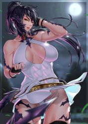  abs absurdres anima_(togashi) au_ra warrior_of_light_(ff14) black_hair breast_cutout breasts dragon_horns dragon_tail dress fictional_persona final_fantasy final_fantasy_xiv highres horns huge_filesize large_breasts moon night night_sky ponytail sapphira_nyx scales sky solo square_enix tail thong upskirt white_dress wind wind_lift yellow_eyes  rating:Sensitive score:59 user:danbooru