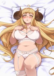  1girl absurdres ahoge anila_(granblue_fantasy) bed_sheet blonde_hair blunt_bangs bra breasts cleavage commission deliciousbrain draph garter_belt garter_straps granblue_fantasy hands_on_own_chest head_on_pillow heart heart-shaped_pupils highres horns knee_up large_breasts long_hair looking_at_viewer navel sheep_horns short_eyebrows solo symbol-shaped_pupils thick_eyebrows thighhighs underwear very_long_hair white_bra white_garter_belt white_thighhighs yellow_eyes 