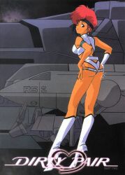  1980s_(style) 1girl armlet ass boots copyright_name dark-skinned_female dark_skin dirty_pair gloves headband kei_(dirty_pair) looking_at_viewer looking_back non-web_source official_art oldschool red_eyes red_hair retro_artstyle short_hair single_glove smile solo space spacecraft white_footwear white_gloves 