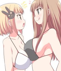 &gt;:d 2girls :d :q anger_vein angry asymmetrical_docking bad_id bad_pixiv_id bare_shoulders bikini bikini_top_only black_eyes blonde_hair blush bra breast_press breasts brown_hair rabbit_hair_ornament cleavage collarbone eye_contact face-to-face female_focus from_side furrowed_brow hair_ornament height_difference huge_breasts licking_lips long_hair looking_at_another multiple_girls musical_note neck official_art open_mouth quaver rectangular_mouth serebi_ryousangata short_hair sideboob simple_background smile string_bikini sweat swimsuit tongue tongue_out underwear upper_body uzanee!! v-shaped_eyebrows white_background yuri rating:Questionable score:43 user:danbooru