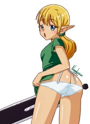 1girl artist_name ass ass_focus back blonde_hair blue_eyes blush curvy dated elf female_focus greatsword green_shirt highres huge_ass long_ears looking_at_viewer looking_back nanaeljustice no_pants open_mouth original panties pointy_ears ponytail shirt solo sword thighs underwear weapon white_background white_panties