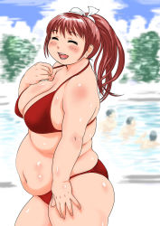 1girl bikini breasts debu_plus debutopia closed_eyes fat hase_tsubura large_breasts long_hair navel obese ponytail pool poolside red_hair smile solo swimsuit water rating:Questionable score:19 user:leejunne