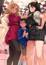 1boy 2girls @_@ age_difference aged_down alternate_costume belt black_hair black_legwear blonde_hair bow bowtie breasts brown_eyes chandelier checkered_ceiling collared_shirt condom condom_wrapper cropped_jacket dress drooling earrings ereshkigal_(bitter_sweet)_(fate) ereshkigal_(fate) fate/grand_order fate_(series) frown fujimaru_ritsuka_(male) girl_sandwich grin hair_ribbon hand_on_own_hip heart heart-shaped_pillow hews highres ishtar_(bitter_sweet)_(fate) ishtar_(fate) jewelry long_hair medium_breasts multiple_girls nail_polish necklace off_shoulder onee-shota pantyhose parted_bangs pillow red_eyes ribbon sandwiched shirt short_hair shorts shota siblings sisters smile socks striped_clothes striped_dress sweat tears twintails two_side_up vertical-striped_clothes vertical-striped_dress white_legwear rating:Sensitive score:320 user:danbooru