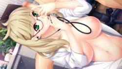  1girl blonde_hair blush breasts breasts_apart breasts_out censored chair closed_mouth clothed_female_nude_male functionally_nude game_(=eroge)_mitai_na,_suteki_na_koi_ga_shitai! game_cg glasses green_eyes hadashi_shoujo highres indoors ino_(magloid) lab_coat large_breasts lisha_lockheart long_hair looking_at_viewer mosaic_censoring navel nipples no_bra nude original penis red-framed_eyewear sitting smile stethoscope table 
