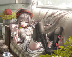  1girl blunt_bangs book boots bow breasts couch cross-laced_footwear cup flower frilled_thighhighs frills hat headdress hydrangea lace-up_boots large_bow long_hair lying original panties pantyshot shiokonbu sidelocks silver_hair small_breasts solo sunlight teacup thigh_boots thighhighs tsurime underwear white_panties wrist_cuffs zettai_ryouiki  rating:Sensitive score:42 user:danbooru