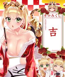  2girls absurdres ahoge animal_ears animal_print blonde_hair blush breasts calligraphy_brush chibi chopsticks cleavage commentary_request crown fate/extra fate/grand_order fate/grand_order_arcade fate_(series) green_eyes hair_intakes highres japanese_clothes kimono large_breasts looking_at_viewer multiple_girls nero_claudius_(bride)_(fate) nero_claudius_(fate) nero_claudius_(fate)_(all) nero_claudius_(fate/extra) nero_claudius_(swimsuit_caster)_(fate) omikuji open_mouth paintbrush queen_draco_(fate) red_eyes tail tiger_ears tiger_print tiger_tail translated yayoi_maka 