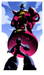 2boys absurdres android arm_cannon blue_sky cloud cloudy_sky dr._wily_(mega_man) glowing glowing_eye hand_up helmet highres index_finger_raised male_focus mecha mega_man_(character) mega_man_(series) multiple_boys outdoors parody pointing robot sky standing style_parody tengen_toppa_gurren_lagann weapon yellow_eyes zelitto 