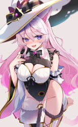  1girl animal_ears black_bow black_ribbon blush boots bow breasts cat_ears cat_girl cat_tail cleavage cleavage_cutout clothing_cutout cross-laced_footwear detached_sleeves hat hat_bow highres indie_virtual_youtuber kitatyoco large_breasts long_hair neck_ribbon nyatasha_nyanners pelvic_curtain pink_hair purple_eyes ribbon see-through solo tail thigh_boots virtual_youtuber wide_sleeves witch_hat 