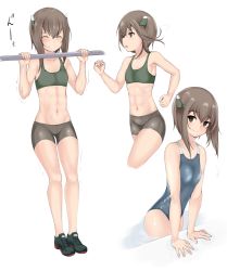 1girl bad_id bad_pixiv_id black_footwear black_shorts blue_one-piece_swimsuit brown_eyes brown_hair collarbone competition_swimsuit exercising flat_chest headband headgear highres kantai_collection multiple_views navel nn_tasu one-piece_swimsuit pullups shiny_clothes shoes short_shorts shorts simple_background sneakers sports_bra swimsuit taihou_(kancolle) white_background rating:Sensitive score:12 user:danbooru