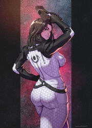  1girl arm_up ass black_hair bodysuit breasts commentary cowboy_shot english_commentary from_behind gloves gun handgun holding holding_gun holding_weapon honeycomb_(pattern) honeycomb_print impossible_bodysuit impossible_clothes looking_at_viewer looking_back m-4_shuriken mass_effect_(series) mass_effect_2 medium_hair miranda_lawson rejean_dubois solo star_(symbol) starry_background twitter_username weapon 