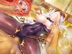amamiya_shisui animal_ears bare_shoulders breasts censored cuffs cum cum_in_pussy detacted_collar ejaculation faceless fake_animal_ears fishnet_pantyhose fishnets game_cg large_breasts leotard lilith-soft long_hair lying mosaic_censoring nipple_stimulation nipples on_back orgasm pantyhose penetration_through_clothes penis pulling_own_clothes rabbit_ears sauna sex spread_legs steam taimanin_(series) taimanin_rpgx tongue tongue_out water wet wet_clothes white_hair