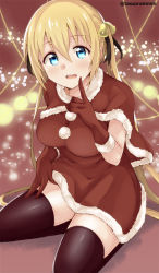 1girl bad_id bad_pixiv_id bell black_ribbon black_thighhighs blend_s blonde_hair blue_eyes blush breasts brown_capelet brown_dress brown_gloves capelet commentary_request dress fur-trimmed_capelet fur-trimmed_dress fur-trimmed_gloves fur_trim gloves hair_bell hair_between_eyes hair_ornament hair_ribbon hand_up head_tilt hinata_kaho index_finger_raised long_hair looking_at_viewer medium_breasts open_mouth ribbon santa_costume sitting smile solo tasora thighhighs twintails twitter_username very_long_hair wariza rating:Sensitive score:6 user:danbooru