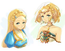  2girls absurdres blonde_hair braid circlet closed_mouth collarbone cropped_torso crown_braid dual_persona earrings eyelashes green_eyes highres jewelry light_frown long_hair magatama magatama_necklace multiple_girls necklace nintendo pointy_ears princess_zelda safermii strapless the_legend_of_zelda the_legend_of_zelda:_breath_of_the_wild the_legend_of_zelda:_tears_of_the_kingdom white_background 