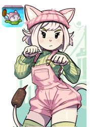  1girl :&lt; beanie cat_tail cattail cattail_(plants_vs_zombies) clenched_hands colored_skin commentary corrupted_twitter_file cowboy_shot creature_and_personification english_commentary green_hat green_sweater green_thighhighs hands_up hat highres long_sleeves looking_at_viewer overalls paw_pose peargor personification pink_overalls plant plants_vs_zombies reference_inset ribbed_sweater short_hair sweater tail thighhighs v-shaped_eyebrows white_hair white_skin 