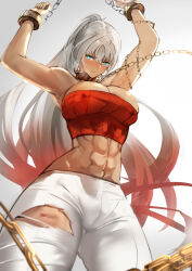  abs armpits arms_up bare_shoulders blue_eyes breasts chain cleavage collar cuffs dark-skinned_female dark_skin earrings fate/grand_order fate_(series) grey_hair highres jewelry jikihatiman large_breasts long_hair looking_at_viewer metal_collar midriff muscular muscular_female navel pants red_tube_top shackles solo strapless torn_clothes torn_pants tube_top very_long_hair white_pants zenobia_(dream_portrait)_(fate) zenobia_(fate)  rating:Sensitive score:46 user:danbooru