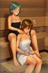 2girls ahoge aqua_hair bare_arms bare_legs bare_shoulders barefoot black_towel blush breasts brooke_(mleth) brown_hair closed_eyes closed_mouth collarbone eyebrows_hidden_by_hair eyes_visible_through_hair hair_between_eyes half-closed_eyes happy head_tilt heart indoors long_hair looking_at_another massage medium_breasts mleth moaning multiple_girls naked_towel neck open_mouth orange_eyes original sauna shadow short_hair sitting small_breasts smile sweat thea_(mleth) tiptoes towel white_towel yuri rating:Questionable score:40 user:Ahegao_lmao