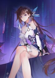  1girl absurdres bare_shoulders brown_eyes brown_hair china_dress chinese_clothes closed_mouth commentary_request crossed_legs dress elbow_gloves fingerless_gloves gloves hair_ornament highres holographic_interface honkai_(series) honkai_impact_3rd li_sushang li_sushang_(jade_knight) long_hair looking_at_viewer outdoors ponytail sitting smile solo temple vuvkhkgi white_dress white_gloves 