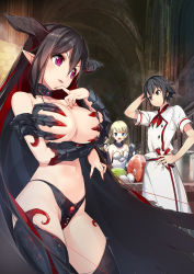 &gt;:) 1boy 2girls armor bare_shoulders bikini bikini_armor black_bikini black_hair black_legwear blush breasts bridal_gauntlets cabbage cape chef chef cleavage collarbone cowboy_shot demon_girl demon_horns egg fang food green_eyes hair_between_eyes highleg highleg_bikini horns indoors large_breasts long_hair looking_at_another maoujou_no_chef meat multiple_girls nail_polish navel official_art open_mouth parted_lips pointy_ears purple_eyes red_nails revealing_clothes short_sleeves silver_hair swimsuit thighhighs v-shaped_eyebrows vambraces yamacchi rating:Sensitive score:36 user:danbooru