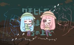  2girls alternate_costume black_thighhighs blue_hair blunt_bangs blush brown_jumpsuit camera chibi closed_eyes closed_mouth commentary_request drop_shadow footprints full_body green_jumpsuit hand_gesture helmet highres holding holding_camera jumpsuit kotonoha_akane kotonoha_aoi kumohitode_no_umaru_suna_no_ue_de_(voiceroid) listening long_hair low-tied_sidelocks lyrics multiple_girls multiple_views nekomo_(yumenkmc) pith_helmet pixelated projected_inset shoes short_jumpsuit siblings sisters song_name standing standing_on_one_leg taking_picture thighhighs translation_request voiceroid 