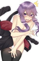  1girl embarrassed naked_hoodie onineko-chan purple_hair vocaloid voiceroid yuzuki_yukari  rating:Questionable score:7 user:garvin