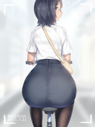 1girl a.x. ass bag bicycle black_eyes black_hair glasses looking_at_viewer looking_back office_lady original pantyhose pantylines pencil_skirt shirt shirt_tucked_in short_hair short_sleeves sitting skirt solo white_shirt rating:Questionable score:80 user:JustHere4Butts