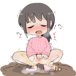 1girl black_hair blush bottomless breath censored chibi closed_eyes fang female_focus flat_chest full_body heart highres loli long_hair long_sleeves mosaic_censoring ooyama_bokuchi open_mouth peeing pink_footwear pink_sweater ponytail puddle pussy relief shoes sneakers socks solo spread_legs squatting steam sweat sweater trembling white_background white_socks rating:Explicit score:26 user:cpee