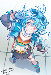  1girl :p absurdres belt blue_hair fei_luo_mao gloves highres kamen_rider kamen_rider_gotchard kamen_rider_gotchard_(series) orange_belt orange_eyes rider-tan scarf signature solo tongue tongue_out white_gloves white_scarf 