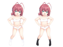  1girl :d antenna_hair bare_arms bare_shoulders black_socks bow bow_panties bra bra-ban! breasts collarbone commentary_request ebihara_minase fang full_body green_eyes hair_ornament hairclip hands_on_own_hips highres long_hair looking_at_viewer low_twintails navel no_shoes open_mouth panties red_hair sakuraba_hikaru_(loveindog) simple_background small_breasts smile socks standing twintails underwear underwear_only v-shaped_eyebrows variations white_background white_bra white_panties white_socks 