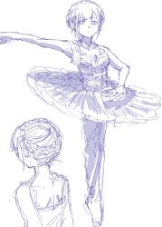  1girl ballet bang_dream! bang_dream!_it&#039;s_mygo!!!!! bare_arms braid closed_mouth commentary crown_braid dress english_commentary expressionless greyscale hair_ornament hair_up hairclip highres monochrome multiple_views odore_(suzukisakana001) sketch sleeveless sleeveless_dress tiptoes wakaba_mutsumi 