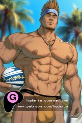  1boy abs adam&#039;s_apple bara beach_volleyball bulge covered_penis cowboy_shot dark-skinned_male dark_skin facial_hair final_fantasy final_fantasy_x goatee_stubble headband hydaria large_bulge large_pectorals looking_at_viewer male_focus male_swimwear muscular muscular_male navel nipples orange_male_swimwear paid_reward_available pectorals short_hair shredded_muscles sideburns solo stomach stubble swim_briefs topless_male wakka watermark 