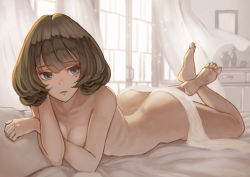 10s 1girl ass barefoot bed bed_sheet breasts brown_hair butt_crack cleavage crossed_arms curtains feet full_body heterochromia idolmaster idolmaster_cinderella_girls indoors kaoming lying medium_breasts mole mole_under_eye nude on_bed on_stomach open_mouth ribs solo takagaki_kaede the_pose window rating:Questionable score:108 user:danbooru