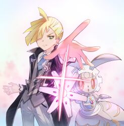  1boy absurdres ahoge blonde_hair cowboy_shot creatures_(company) ear_piercing game_freak gen_7_pokemon gladion_(pokemon) gladion_(sygna_suit)_(pokemon) grey_pants hair_over_one_eye highres jacket legendary_pokemon looking_at_viewer magearna magearna_(normal) mechanical_arms mythical_pokemon nintendo official_alternate_costume open_clothes open_jacket outstretched_arm pants piercing pokemon pokemon_(creature) pokemon_masters_ex yue_(jinziyuezi) 