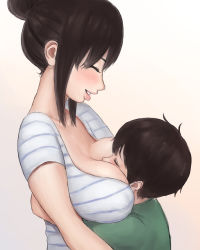  1boy 1girl age_difference between_breasts breast_smother breasts brown_hair cleavage closed_eyes face_to_breasts gradient_background hair_bun hetero hug large_breasts lips mature_female mother_and_son nipples onee-shota original profile sagging_breasts shirt shota simple_background single_hair_bun smile standing thick_lips upper_body yoka28 
