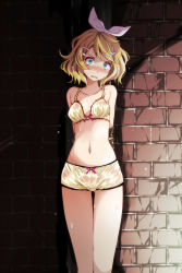  1girl arms_behind_back bdsm blonde_hair blue_eyes blush bondage bound bound_arms bow boyshort_panties breasts brick_wall embarrassed gluteal_fold hair_between_eyes highres kagamine_rin looking_at_viewer messy_hair navel panties project_diva_(series) restrained see-through small_breasts solo sweat tsukishiro_saika underwear underwear_only vocaloid wet white_bow yellow_panties  rating:Questionable score:68 user:danbooru