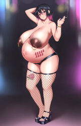  abortion_mark big_belly black_hair blush breasts choker cigarette clothes dark_areolae dark_nipples earrings fishnet_thighhighs fishnets highres huge_breasts jewelry looking_at_viewer navel_piercing nipple_piercing nipples piercing platform_footwear ponchi_(menchi0925) pregnant pubic_hair standing stretch_marks tattoo thick_thighs thighhighs thighs toes topless  rating:Questionable score:66 user:Floy