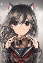  1girl absurdres animal_ears bad_id bad_pixiv_id black_hair brown_eyes camera cat_ears closed_mouth copyright_request earrings glasses gradient_background grey_background highres holding holding_camera jewelry long_hair long_sleeves looking_at_viewer portrait sailor_collar school_uniform serafuku solo z_z 