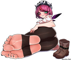  1girl ass barefoot blush boots ecchi-o feet green_eyes heterochromia highres hololive irys_(hololive) looking_at_viewer lying medium_hair on_side parted_lips pointy_ears red_hair shoes soles stirrup_legwear toeless_legwear toes unworn_boots unworn_shoes 
