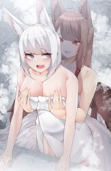  2girls :d :o @_@ absurdres akagi_(azur_lane) animal_ears azur_lane bare_shoulders blue_eyes blush breasts brown_hair cleavage eyeshadow fox_ears fox_girl fox_tail grabbing grabbing_another&#039;s_breast grabbing_from_behind groping hair_ornament hairclip highres kaga_(azur_lane) kitsune large_breasts leaning_forward leaning_on_person long_hair looking_at_another looking_back makeup medium_hair multiple_girls multiple_tails naked_towel open_mouth red_eyes red_eyeshadow samip slit_pupils smile steam surprised tail teeth towel upper_teeth_only very_long_hair white_hair yuri 