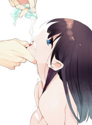 1boy 1girl black_hair blue_eyes breasts brown_hair condom condom_drain cum cum_in_mouth cum_on_body cum_on_breasts cum_on_upper_body drinking_from_condom facial feeding finger_in_another&#039;s_mouth gokkun grabbing_another&#039;s_chin hand_on_another&#039;s_chin long_hair medium_breasts open_mouth original pouring_from_condom profile shino_satoru simple_background solo_focus tears topless used_condom white_background rating:Explicit score:367 user:danbooru