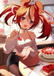  1girl :3 absurdres ahoge alternate_costume animal_ear_fluff animal_ears bare_shoulders black_choker black_hair black_pantyhose black_skirt blue_eyes blurry blurry_background blush bra_strap breasts bright_pupils cake cake_slice choker cleavage commentary crossed_bangs dot_nose english_commentary fang fingernails flower food fruit hair_between_eyes hakos_baelz heart highres holding hololive hololive_english incoming_food jiang_ye_kiri large_breasts long_fingernails long_sleeves looking_at_viewer mechanical_pencil mouse_ears mouse_girl multicolored_hair off-shoulder_sweater off_shoulder open_mouth painting_(object) pantyhose paper pencil picture_frame pink_flower pink_rose red_hair rose sitting skirt sleeves_past_wrists smile solo strawberry streaked_hair sweater sweater_tucked_in twintails virtual_youtuber white_hair white_pupils white_sweater 