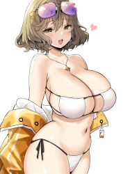  1girl :d anis_(nikke) anis_(sparkling_summer)_(nikke) bare_shoulders bikini blush breasts brown_eyes brown_hair cleavage commentary_request eyepatch_bikini eyewear_on_head goddess_of_victory:_nikke heart highres jacket jewelry large_breasts looking_at_viewer navel necklace off_shoulder open_mouth revision short_hair side-tie_bikini_bottom simple_background sky-freedom smile solo standing stomach sunglasses swimsuit white_background white_bikini yellow_jacket 