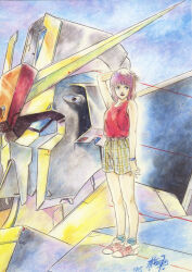  1980s_(style) 1985 1girl belt blue_eyes colored_pencil_(medium) commentary concept_art dated english_commentary fa_yuiry gun gundam hand_on_own_head highres looking_to_the_side machine_gun machinery mecha mobile_suit muzzle official_art oldschool pink_lips production_art purple_hair retro_artstyle robot scan science_fiction shoes shorts signature sketch sneakers standing_on_shoulder traditional_media umetsu_yasuomi upper_body v-fin watch weapon wristwatch zeta_gundam zeta_gundam_(mobile_suit) 