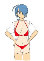  1girl ahoge bikini blue_hair breast_expansion breasts character_request gender_transformation genderswap grin hair_over_one_eye hammerspace huge_breasts large_breasts long_hair matsu-sensei original pink_hair red_bikini shirt short_hair smile solo standing swimsuit thick_thighs thighs undressing white_background wide_hips 