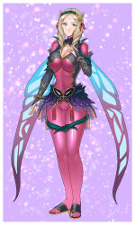  1girl absurdres alternate_costume blonde_hair breasts bridal_gauntlets cleavage commentary_request commission cosplay covered_navel drill_hair emmeryn_(fire_emblem) facial_mark fairy_wings fake_wings fire_emblem fire_emblem_awakening fire_emblem_heroes forehead_mark full_body green_eyes hair_ornament hazuki_(nyorosuke) highres large_breasts leotard long_hair looking_at_viewer nintendo pantyhose pink_leotard pink_pantyhose plumeria_(fire_emblem) plumeria_(fire_emblem)_(cosplay) sandals skeb_commission solo wings 